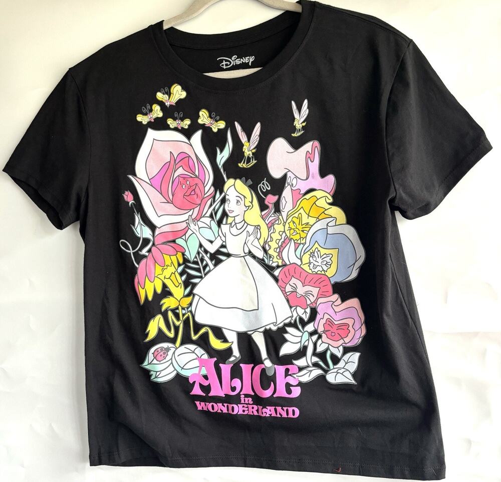 Disney Women's Alice In Wonderland With Flowers T-Shirt Black Size L
